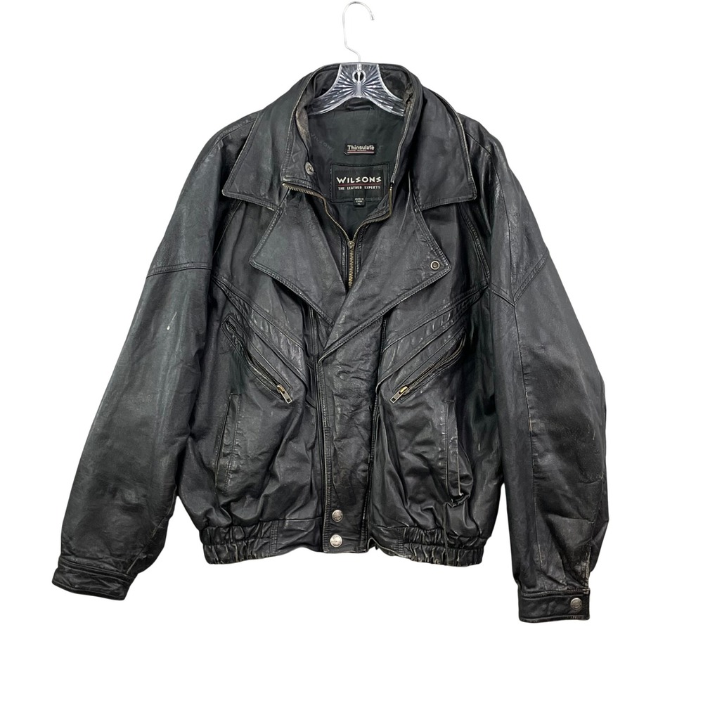 Wilsons Leather Bomber Jacket Men's XL Black Vintage Thinsulate Biker Distressed